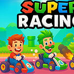 Trójka postaci w kolorowych gokartach ściga się na torze wyścigowym z tłem w jasnych, kreskówkowych barwach i sygnalizacji świetlnej