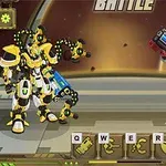 Dwóch futurystycznych robotów w walce na arenie z planetarnym tłem; jeden robot jest żółto-czarny, a drugi czerwono-niebieski z wiertłem i działem