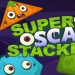 Kolorowe postacie o przerażających oczach i literki układające napis SUPER SCARY STACKER na ciemnym tle