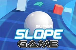 Biała kula tocząca się po niebieskiej trasie z napisami Super Slope Game na pierwszym planie, w otoczeniu geometrycznych kształtów