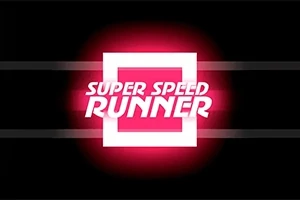 Logo z białym napisem Super Speed Runner na czarno-czerwonym tle z jasnym kwadratem