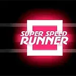 Logo z białym napisem Super Speed Runner na czarno-czerwonym tle z jasnym kwadratem