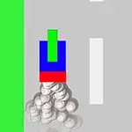 Prostokątne kształty w kolorach zielonym, niebieskim i czerwonym na szarej drodze z białymi liniami, otoczone zielonym tłem, z kulistymi obiektami z tyłu