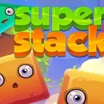 Kolorowe postacie geometryczne z oczami na tle napisu super stack