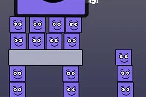 Fioletowe, uśmiechnięte kwadraty ułożone w formację wieży na ciemnym tle