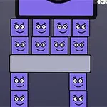 Fioletowe, uśmiechnięte kwadraty ułożone w formację wieży na ciemnym tle