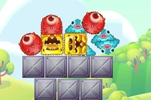 Kolorowe, futrzaste potworki i żółte postacie z otwartymi ustami ustawione na szarych metalowych skrzyniach w scenerii z zielonymi drzewami