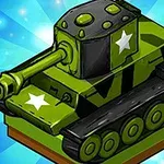 Zielony, rysunkowy czołg z białymi gwiazdami na tle promieniującego, niebieskiego światła