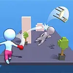 Postać z kreskówki w rękawicach bokserskich uderzająca inną postać, która traci trzy stoliki w powietrzu, na prostokątnej platformie z małymi drzewkami