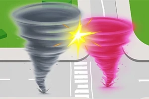 Dwa wiry, jeden szary i drugi różowy, zderzają się na skrzyżowaniu dróg