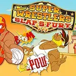 Zapaśnik w czerwonym stroju uderza przeciwnika w białym stroju na tle kolorowej grafiki z tekstem Super Wrestlers Slaps Fury