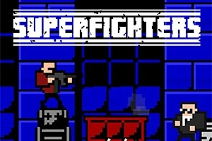 Postacie w stylu pixel art, jedna z bronią, na niebieskim tle z logo SUPERFIGHTERS u góry