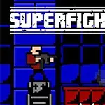 Postacie w stylu pixel art, jedna z bronią, na niebieskim tle z logo SUPERFIGHTERS u góry