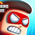 Rysunkowa postać superbohatera z czerwoną maską i zaciśniętymi zębami na niebieskim tle, z logo Online Superhero League w lewym górnym rogu