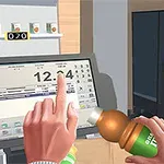 Postać stojąca przy kasie sklepowej z rękami trzymającymi napoje, na ekranie widoczna jest kasa elektroniczna