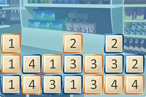 Klocki z cyframi ułożone w rzędach na tle sklepowych półek