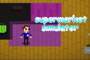 Postać w stylu pixel art stoi na fioletowym tle z napisem supermarket simulator na żółtym wzorze