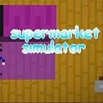 Postać w stylu pixel art stoi na fioletowym tle z napisem supermarket simulator na żółtym wzorze