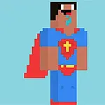 Pikselowa postać w niebieskim stroju superbohatera z czerwonymi elementami i peleryną na jasnoniebieskim tle