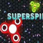 Czarne tło z kolorowymi fidget spinnerami i napisem SUPERSPIN