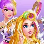 Trzy animowane postacie, dwie stylizujące włosy trzeciej, która robi selfie, wszystkie ubrane w modną, kolorową odzież, na fioletowym tle