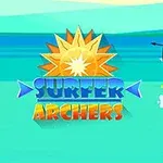 Dwóch łuczników stojących na deskach surfingowych na tle morza, z dużym słońcem i kolorowym napisem pośrodku