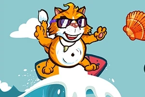 Rudy kot w okularach przeciwsłonecznych surfuje na desce na tle błękitnego nieba i muszli