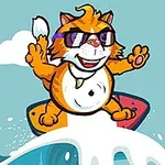 Rudy kot w okularach przeciwsłonecznych surfuje na desce na tle błękitnego nieba i muszli