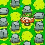 Rysunkowa postać z rudą brodą ubrana w zielone ubrania znajduje się pośród kamieni i żółtych krzewów na zielonym tle