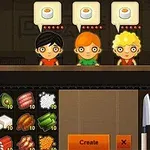 Trzy postacie czekające na sushi z wyświetlanymi nad głowami ikonami jedzenia, poniżej widoczny interfejs gry z ikonami składników i przyciskami
