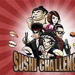 Czworo postaci z różnymi stylami fryzur trzymające sushi pałeczkami, z nałożonym tekstem Sushi Challenge na tle