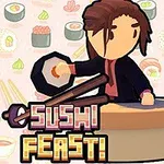 Rysunkowa postać kucharza trzymającego nóż przy blacie, na tle wzoru z sushi i napis Sushi Feast!