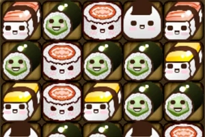 Kolorowe, stylizowane kawałki sushi z uśmiechniętymi twarzami w układzie 3x5 na brązowym tle