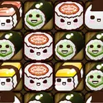 Kolorowe, stylizowane kawałki sushi z uśmiechniętymi twarzami w układzie 3x5 na brązowym tle