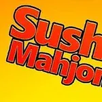 Czerwony napis Sushi Mahjong na żółtym tle z japońskimi znakami