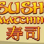 Napis Sushi Matching w stylizowanych żółto-pomarańczowych literach oraz czerwone znaki kanji na tle beżowego papieru