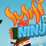 Sushi, ninja i różne rodzaje rolek sushi na tle niebieskiego nieba