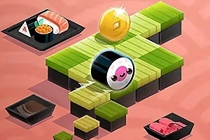 Uśmiechnięte sushi toczy się po zielonych platformach w formie układanki na różowym tle z monetą nad nim i talerzami sushi w pobliżu