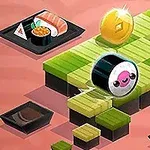 Uśmiechnięte sushi toczy się po zielonych platformach w formie układanki na różowym tle z monetą nad nim i talerzami sushi w pobliżu