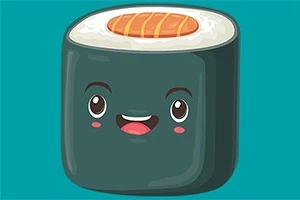 Uśmiechnięta, kreskówkowa buźka na kawałku sushi z łososiem na turkusowym tle