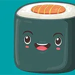 Uśmiechnięta, kreskówkowa buźka na kawałku sushi z łososiem na turkusowym tle