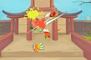 Pokrojone owoce unoszące się w powietrzu na tle świątyni z plamami kolorowych soków