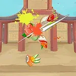 Pokrojone owoce unoszące się w powietrzu na tle świątyni z plamami kolorowych soków