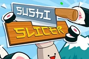 Napis „Sushi Slicer” w otoczeniu rysunkowych rolek sushi i noża kuchennego