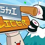 Napis „Sushi Slicer” w otoczeniu rysunkowych rolek sushi i noża kuchennego