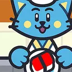 Niebieski, uśmiechnięty kot w białej czapce trzymający talerz z sushi