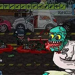 Postać w stroju ochronnym z bronią mierzy do zielonego potwora z czerwonymi świecącymi oczami na tle miejskiej ulicy z wrakami samochodów