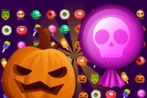 Dynia o groźnym wyrazie twarzy oraz różowy lizak z czaszką w otoczeniu cukierków na fioletowym tle