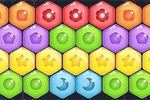 Kolorowe, sześciokątne kafelki z różnymi symbolami, takimi jak kwiaty, gwiazdy i księżyce, ułożone w rzędach