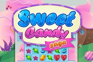 Kolorowa grafika z napisem Sweet Candy Saga oraz tłem z cukierkami i słodyczami